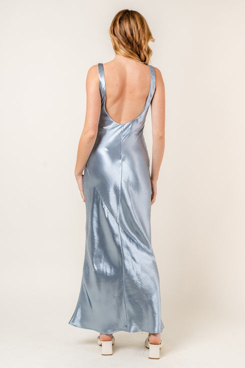 METALIC LIGHT BLUE BLACKLESS BIAS MAXI DRESS